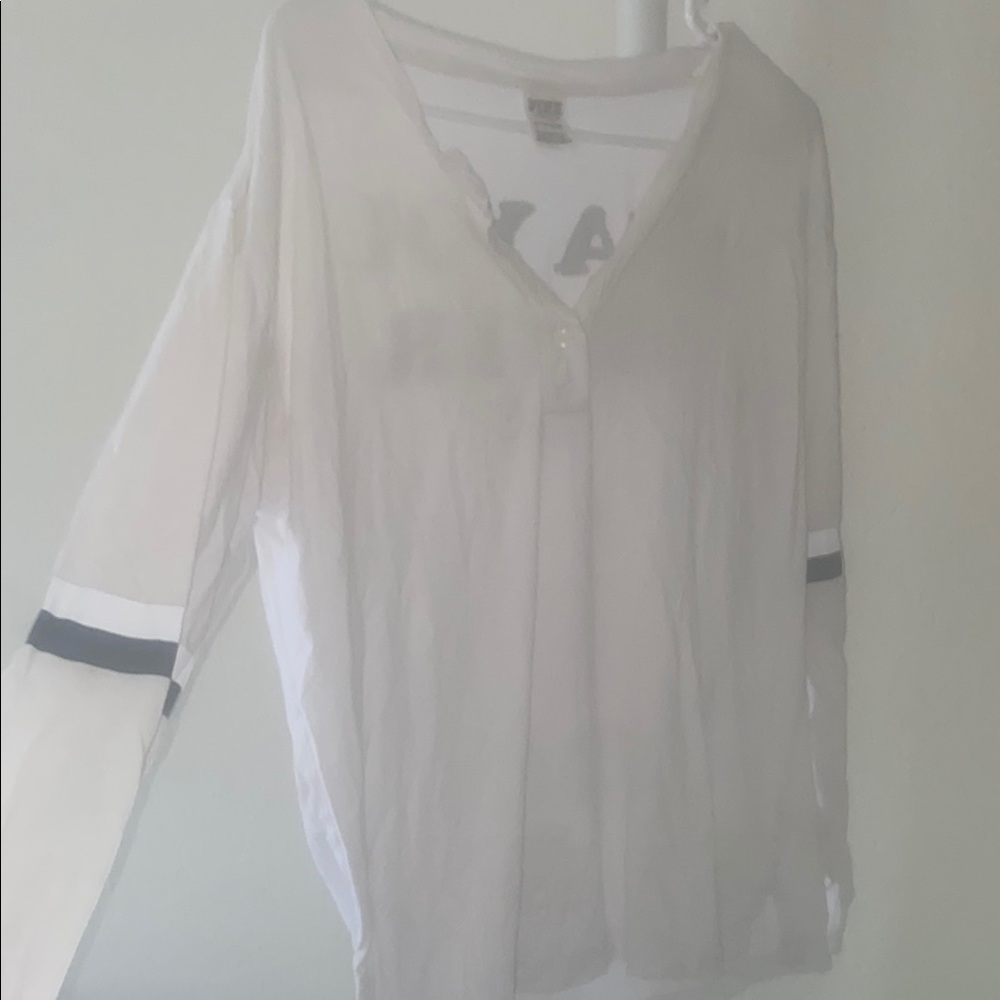 PINK Victoria's Secret White and Blue Sheer 3/4 Sleeve Blouse